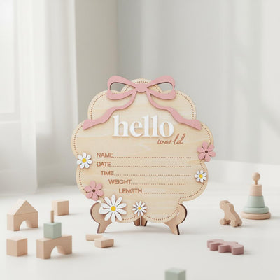 Floral Hello World Baby Birth Sign Wooden Newborn Photo Keepsake