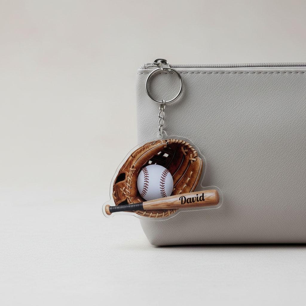 Personalized Baseball Keychain Custom Name, Baseball Glove Bat Keychain, Acrylic Baseball Player Gift, Little League Gift
