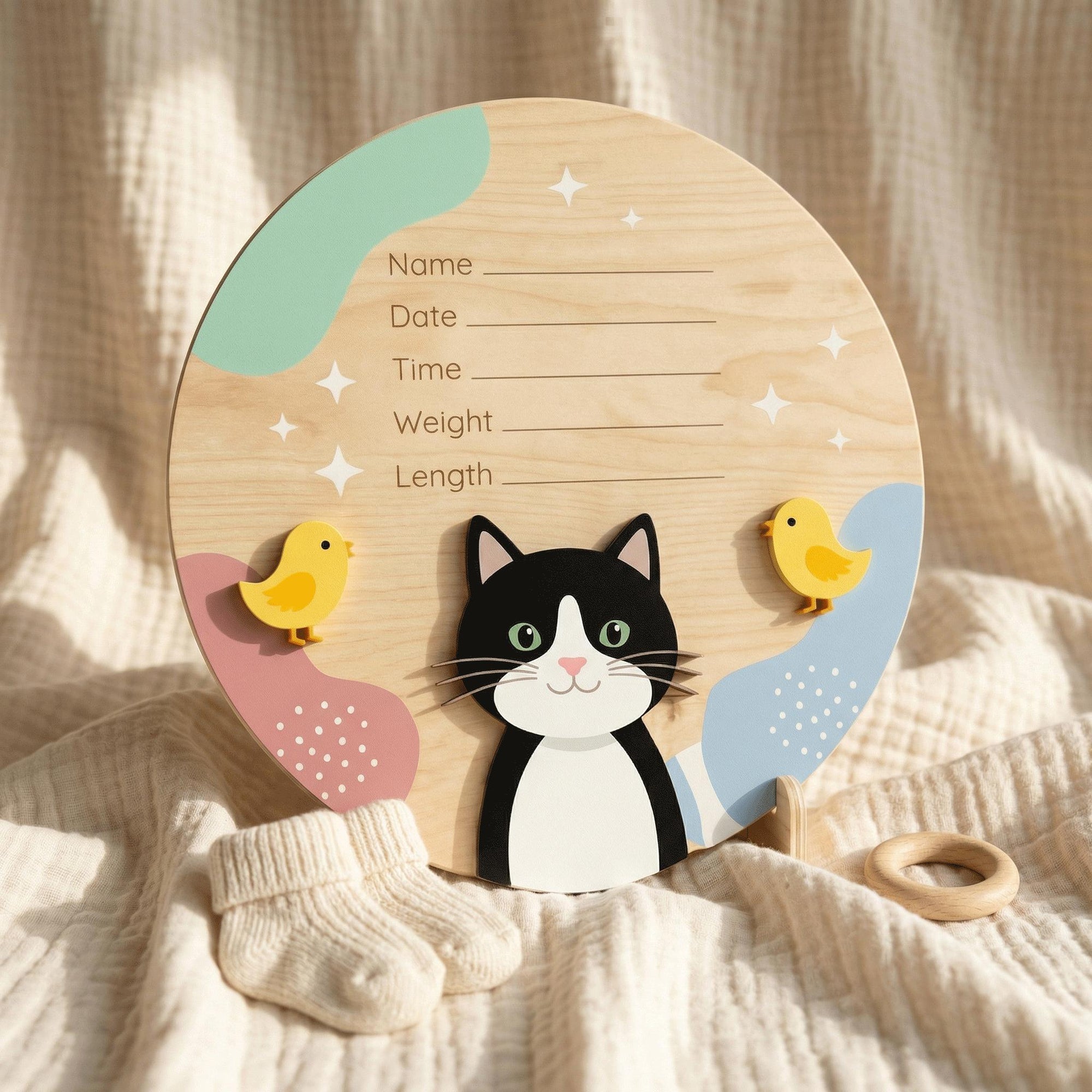 Tuxedo Cat Birth Stats Sign | Baby Chick 3D Wooden Newborn Plaque | Custom Kitten Baby Announcement | Neutral Nursery Decor