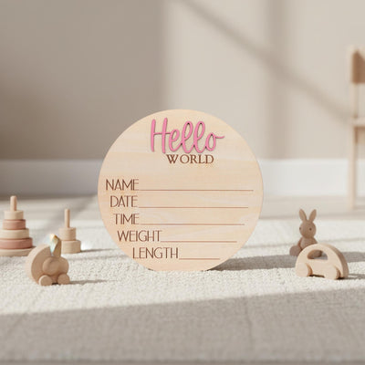 Hello World Baby Birth Stats Sign Personalized Wooden Newborn Announcement