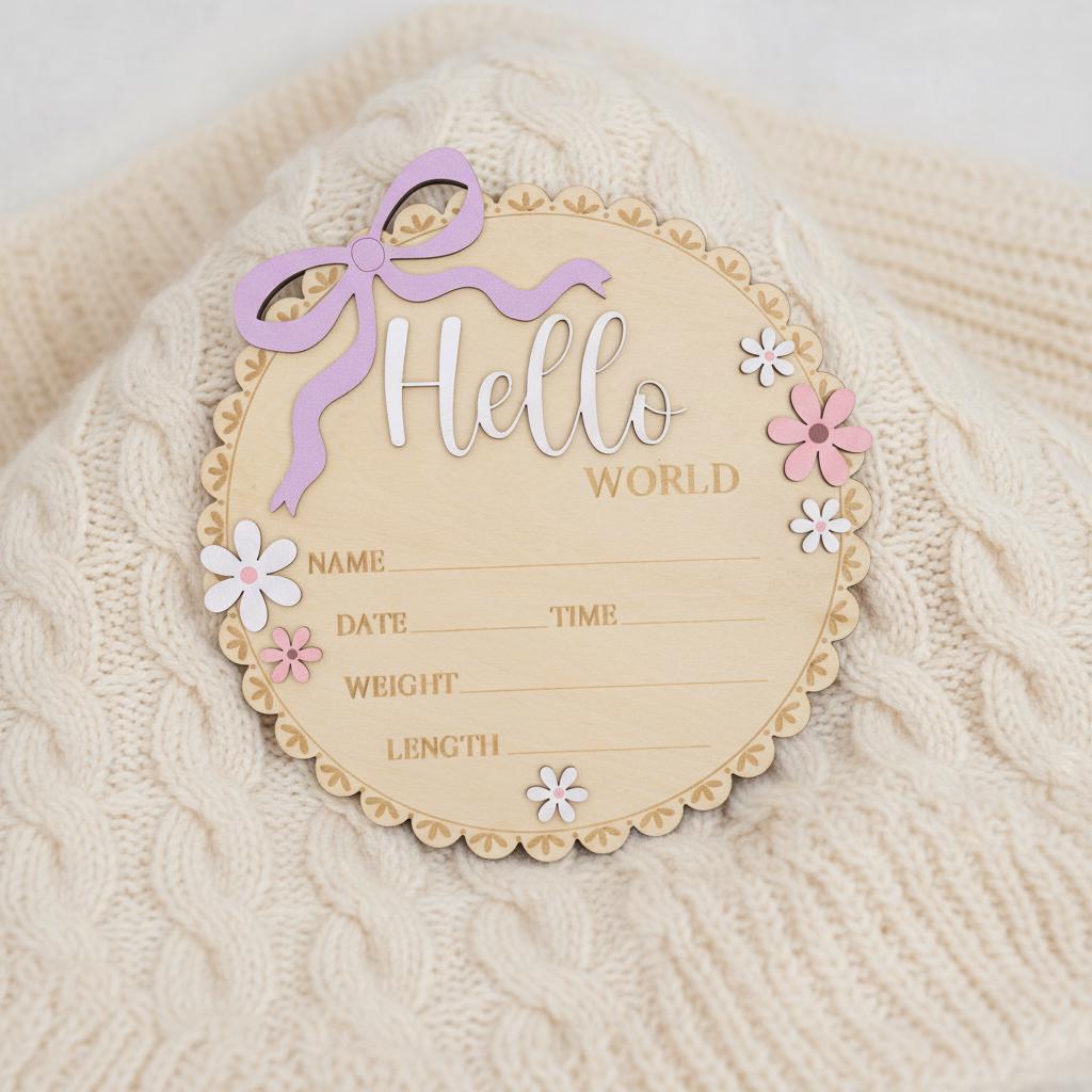 Floral Hello World Baby Sign Wooden Birth Stats Baby Girl Announcement
