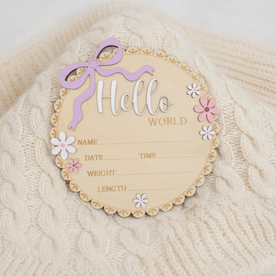 Floral Hello World Baby Sign Wooden Birth Stats Baby Girl Announcement