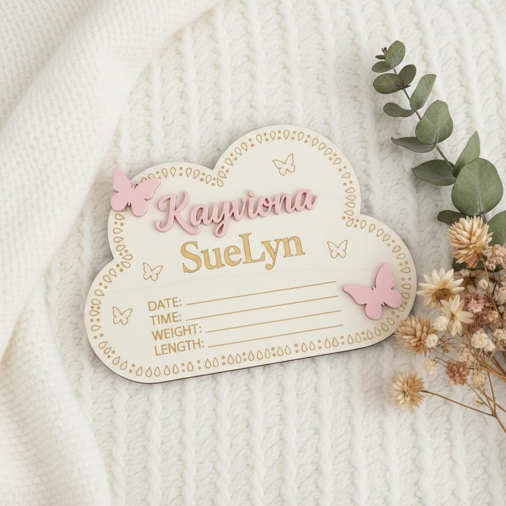 Personalized Wooden Baby Birth Announcement Sign, Cloud Nursery Name Plaque