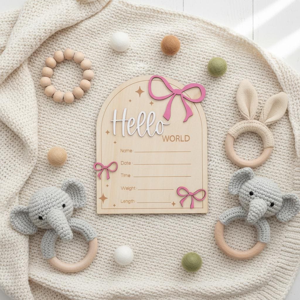 Hello World Wooden Baby Announcement Sign with Birth Details