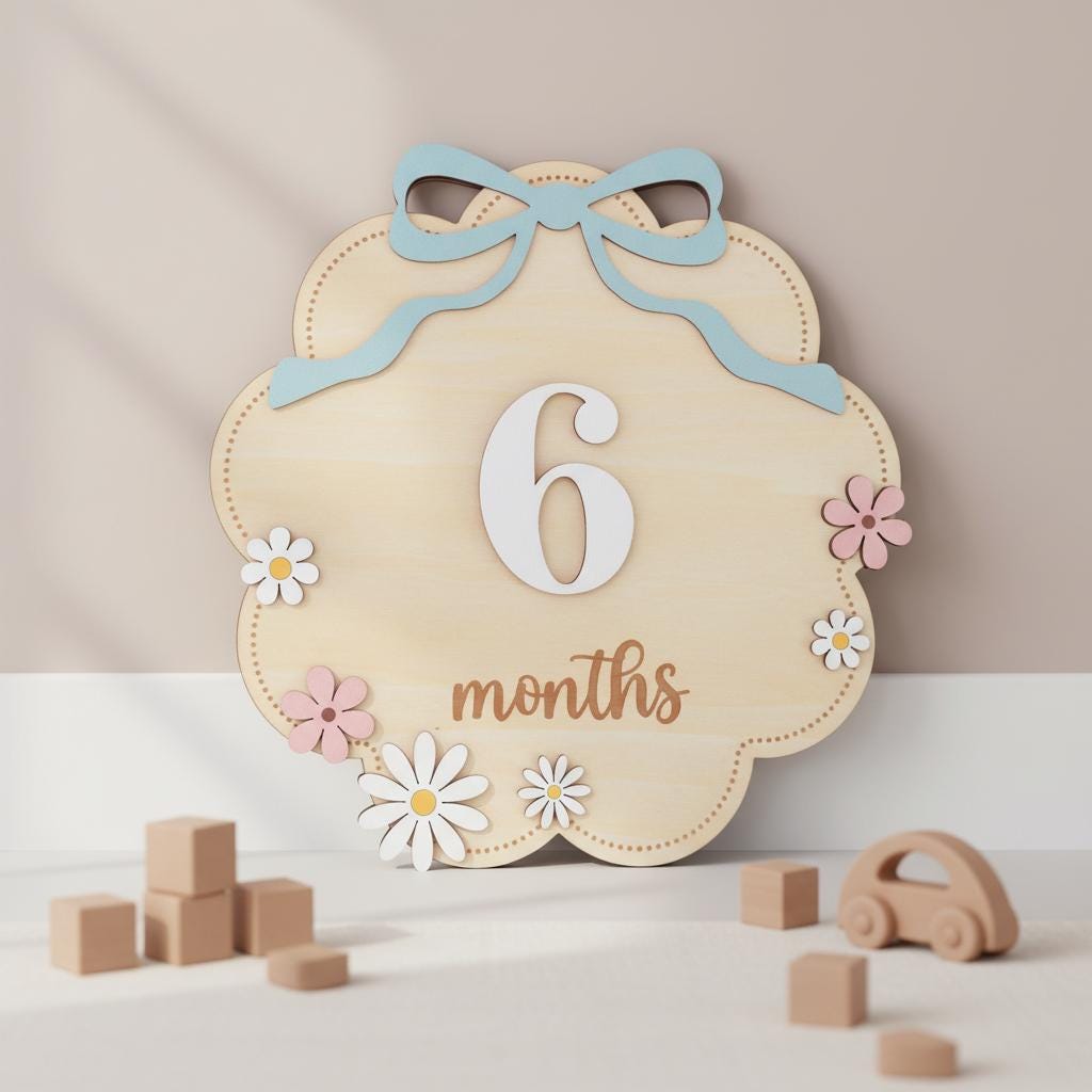 Wooden Baby Monthly Milestone Signs Set, Floral Nursery Photo Props