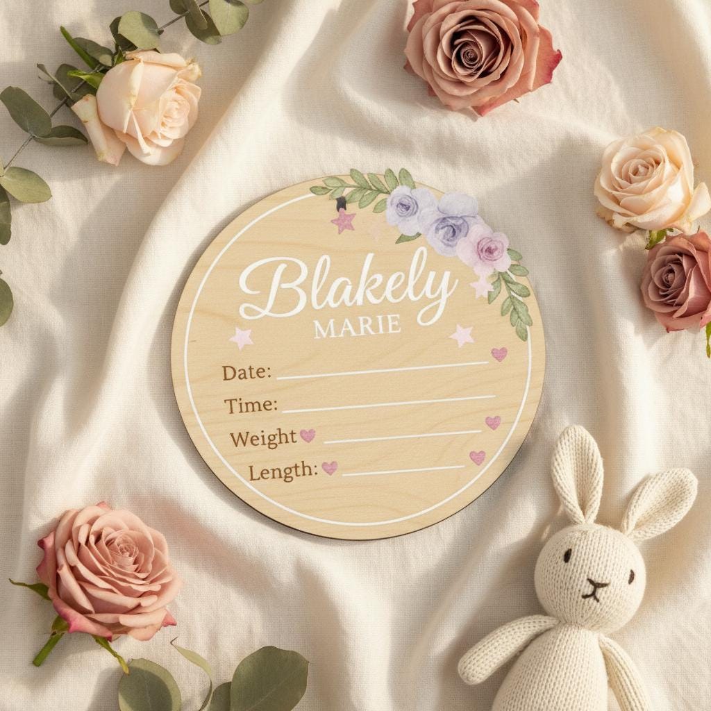 Personalized Baby Announcement Disc, Wooden Baby Birth Stats Sign, Custom Newborn Name Sign, Baby Announcement Photo Prop