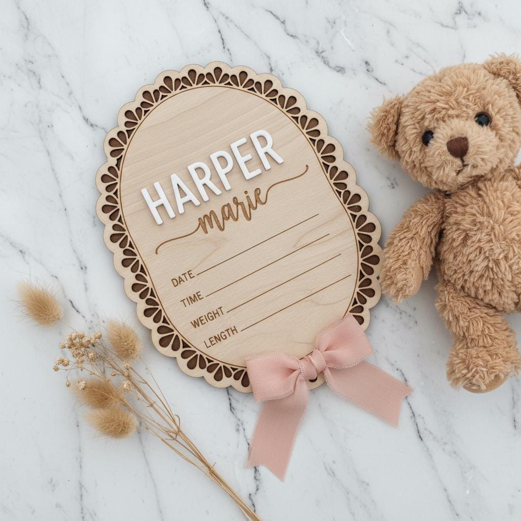 Personalized Wooden Baby Birth Announcement Sign with Name and Details