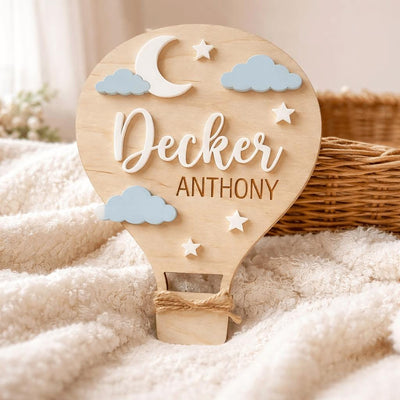 Hot Air Balloon Name Sign | Blue Pink Clouds Baby Plaque | 3D Moon Stars Wooden Letters | Whimsical Nursery Wall Decor Custom