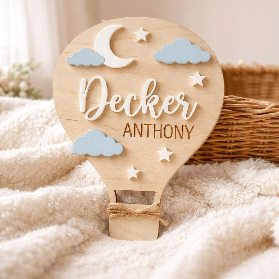 Hot Air Balloon Name Sign | Blue Pink Clouds Baby Plaque | 3D Moon Stars Wooden Letters | Whimsical Nursery Wall Decor Custom
