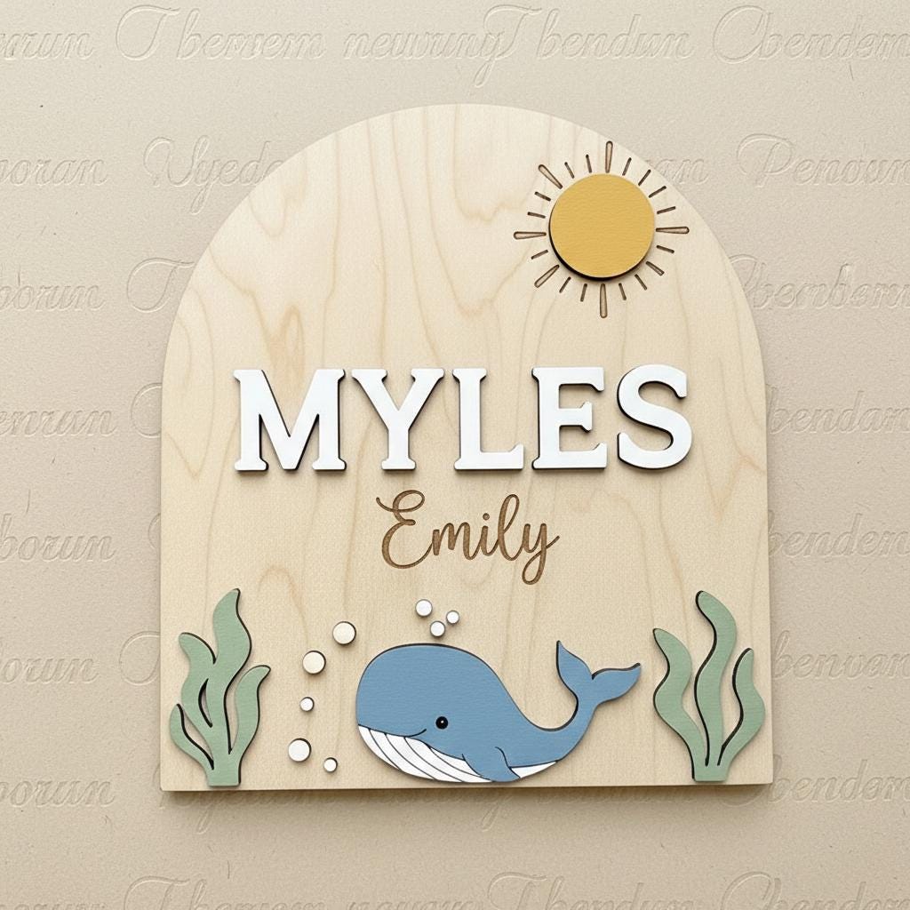 Personalized Baby Name Sign, Whale Nursery Decor, Custom Baby Name Plaque Wood, Ocean Theme Nursery Wall Sign