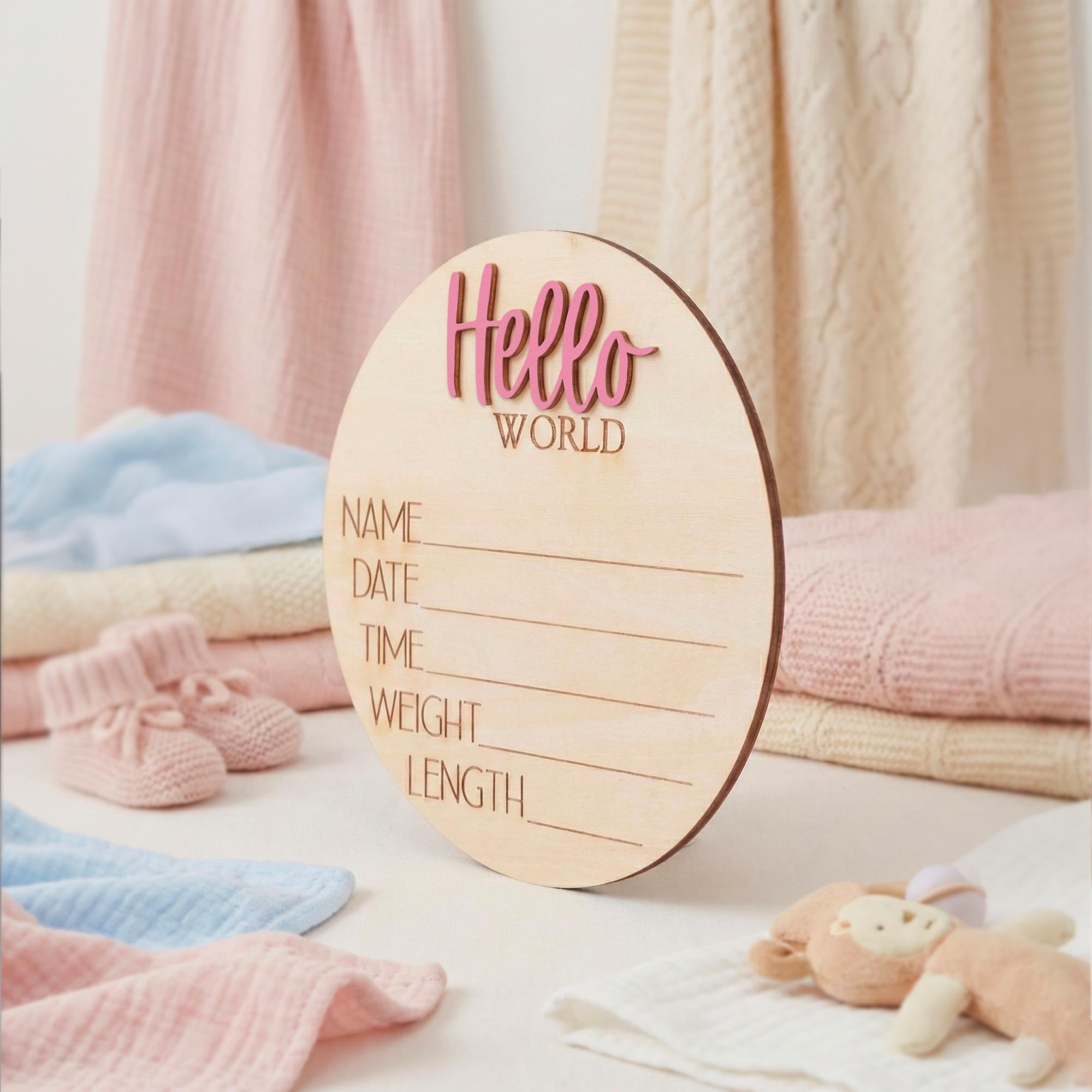 Hello World Baby Birth Stats Sign Personalized Wooden Newborn Announcement