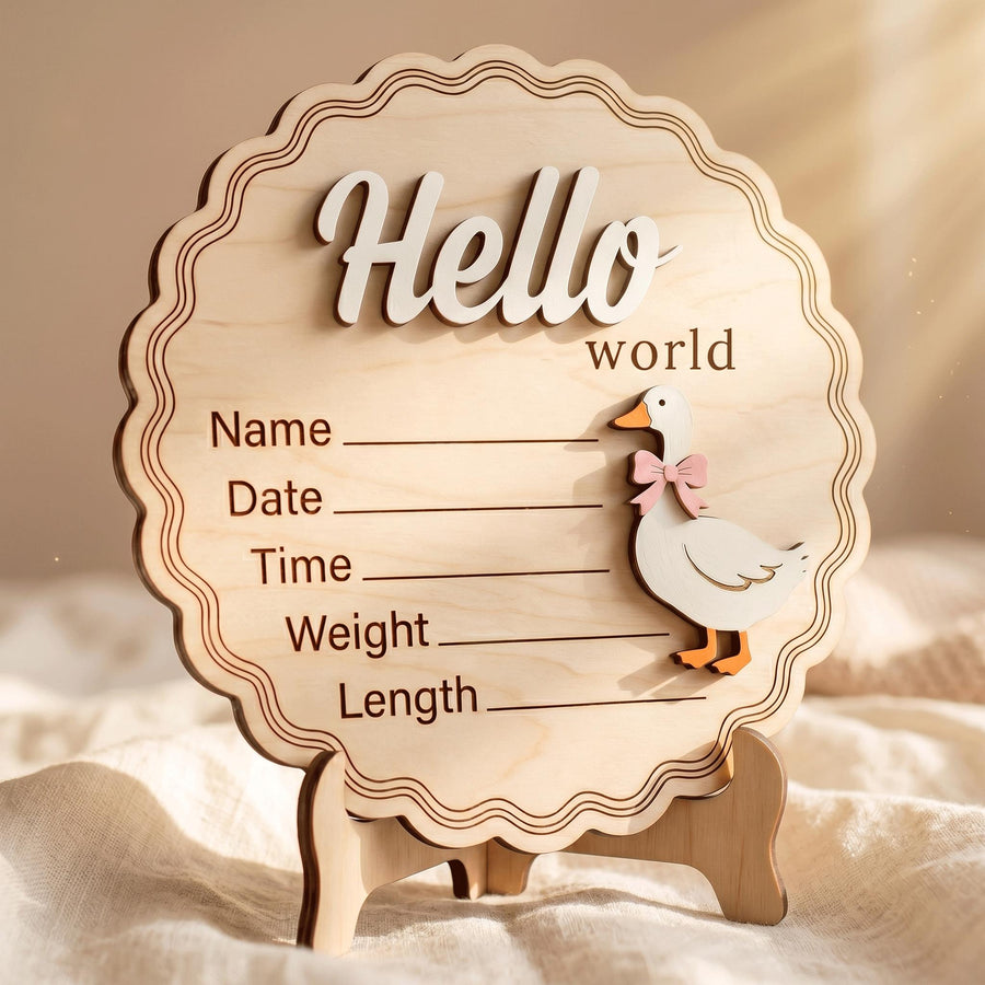 3D Goose Birth Stats Sign | Scalloped White Duck Wooden Plaque | Custom Baby Girl Announcement | Cottagecore Nursery Prop