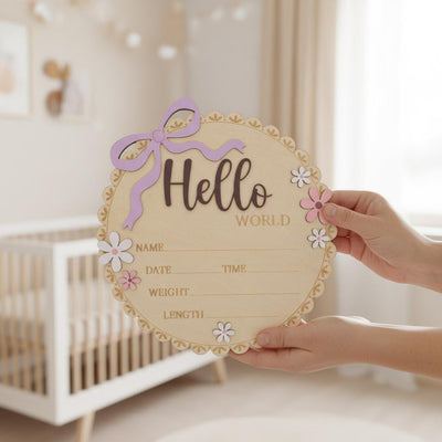 Baby Girl Hello World Birth Keepsake Sign Wooden Floral Nursery Decor