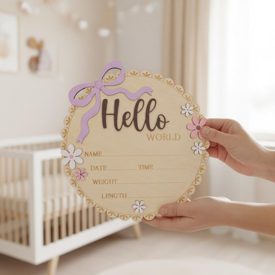 Baby Girl Hello World Birth Keepsake Sign Wooden Floral Nursery Decor