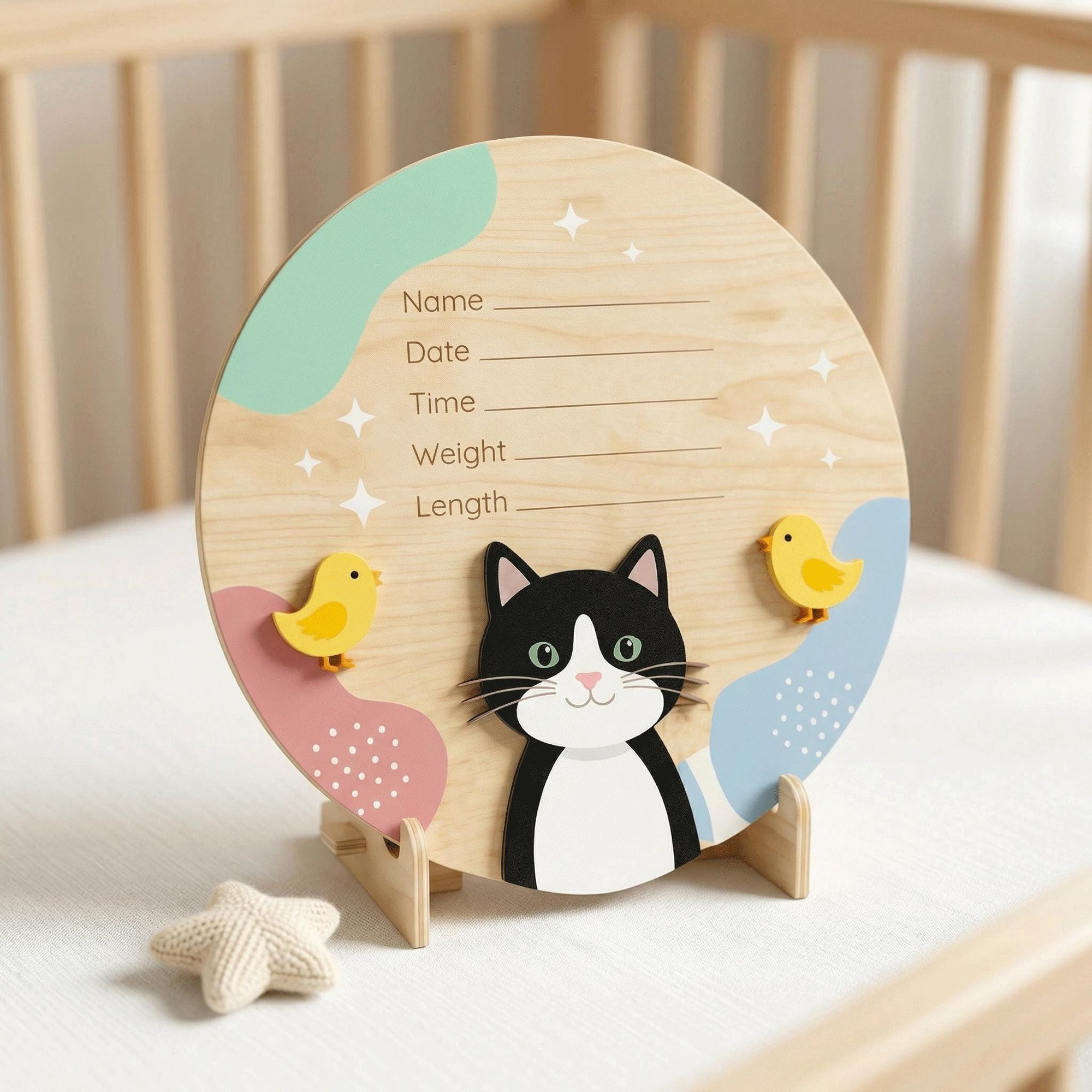 Tuxedo Cat Birth Stats Sign | Baby Chick 3D Wooden Newborn Plaque | Custom Kitten Baby Announcement | Neutral Nursery Decor