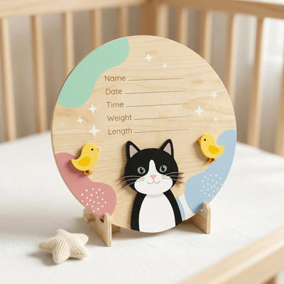 Tuxedo Cat Birth Stats Sign | Baby Chick 3D Wooden Newborn Plaque | Custom Kitten Baby Announcement | Neutral Nursery Decor