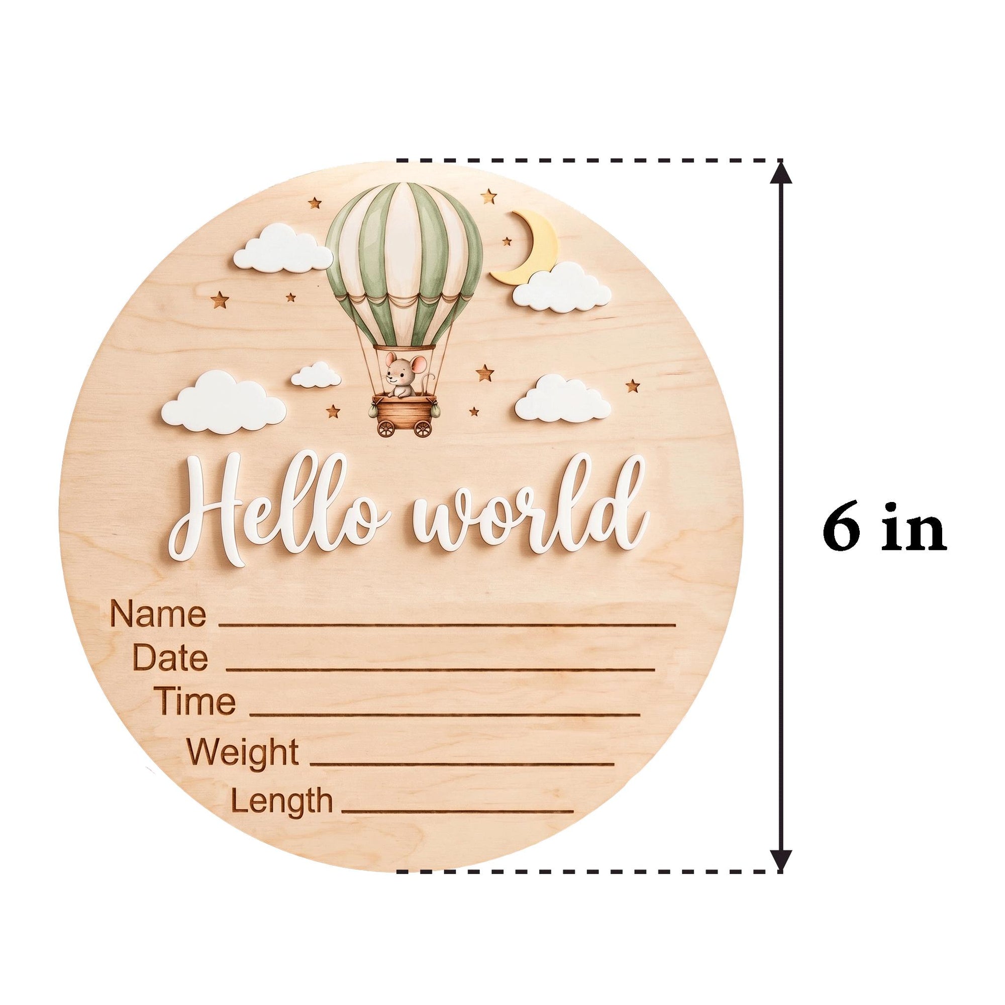 Hot Air Balloon Birth Stats Sign | 3D Mouse Wooden Baby Plaque | Acrylic Hello World Announcement | Neutral Adventure Prop