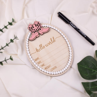 Western Baby Nursery Sign, Hello World Sign, Baby Announcement Sign with Pink Cowgirl Boots, Rustic Baby Photo Prop, Baby Shower Gift