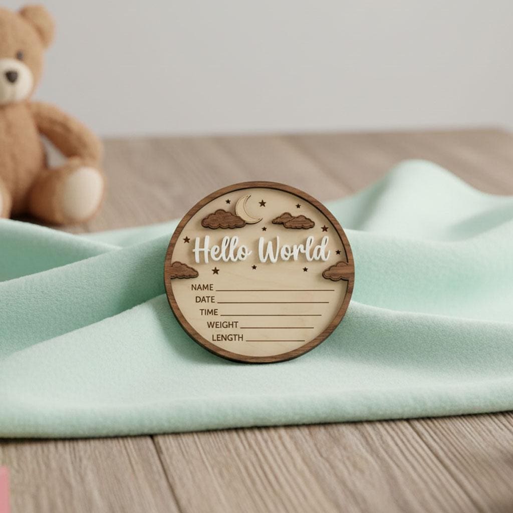 3D Moon Stars Birth Stats Sign | Walnut Frame Wood Baby Plaque | Acrylic Hello World Announcement | Neutral Nursery Decor