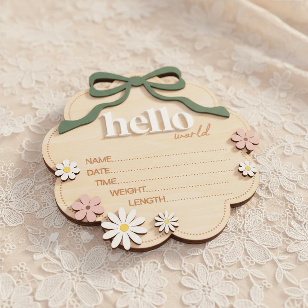 Sage Hello World Wooden Baby Birth Announcement Sign Nursery Decor