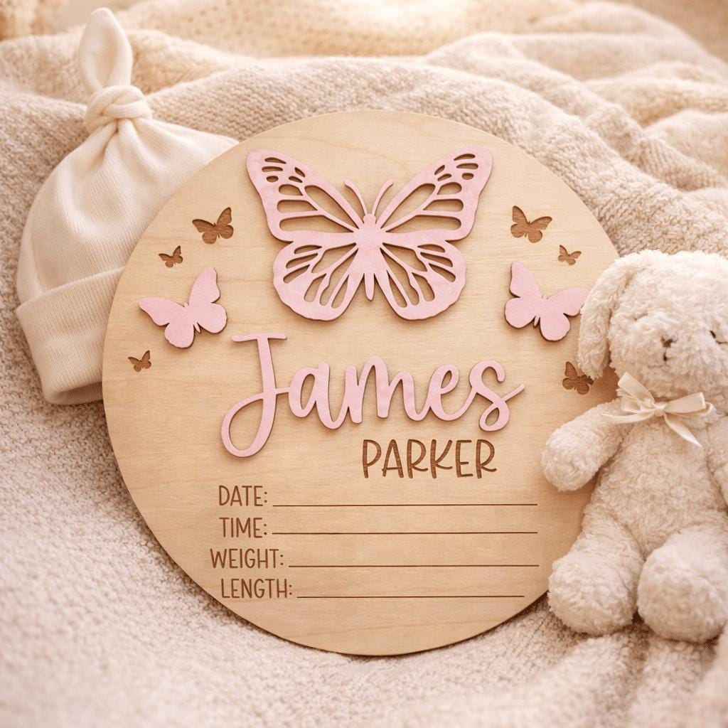 Baby Announcement Sign Set Personalized Wooden Baby Name Sign Butterfly Nursery Decor Birth Stats Sign Newborn Gift Set