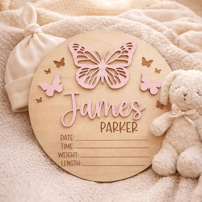 Baby Announcement Sign Set Personalized Wooden Baby Name Sign Butterfly Nursery Decor Birth Stats Sign Newborn Gift Set
