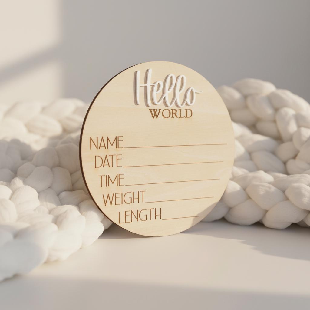 Personalized Baby Birth Stats Sign, Wooden Hello World Newborn Nursery Decor