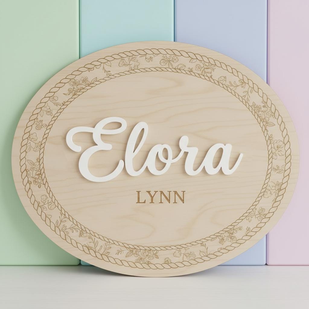 Personalized Wooden Baby Name Sign, Oval Nursery Name Announcement Plaque