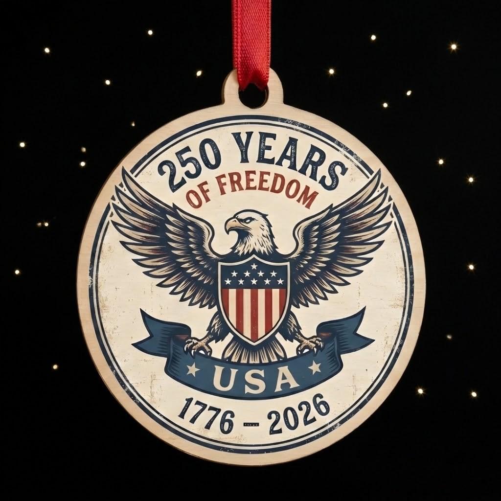 USA 250th Wood Ornament, Freedom For 250 Years, Rustic Eagle Emblem 1776-2026, Semiquincentennial Keepsake, Patriotic Gift