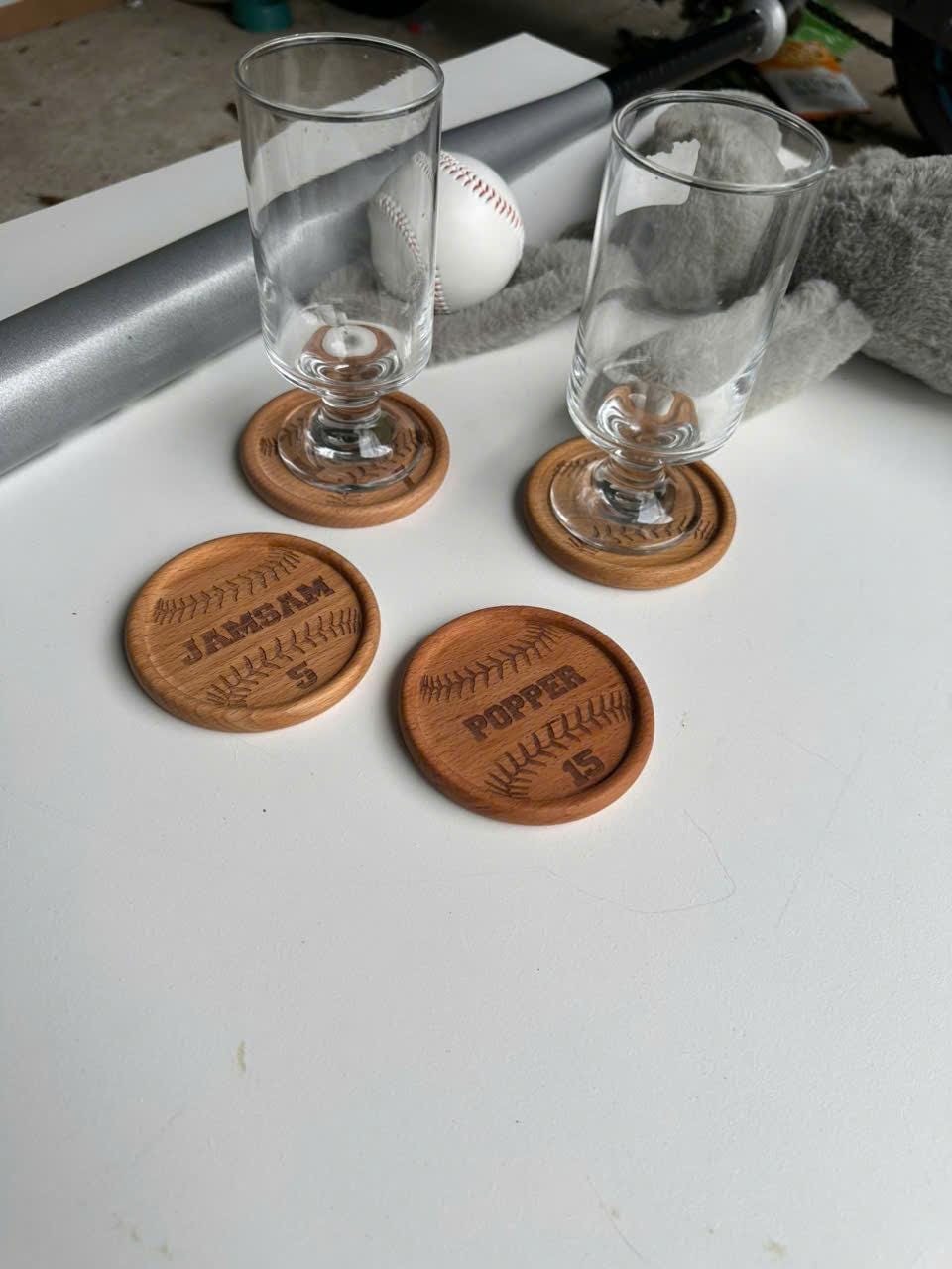 Personalized Baseball Wooden Coasters: Custom Name & Number