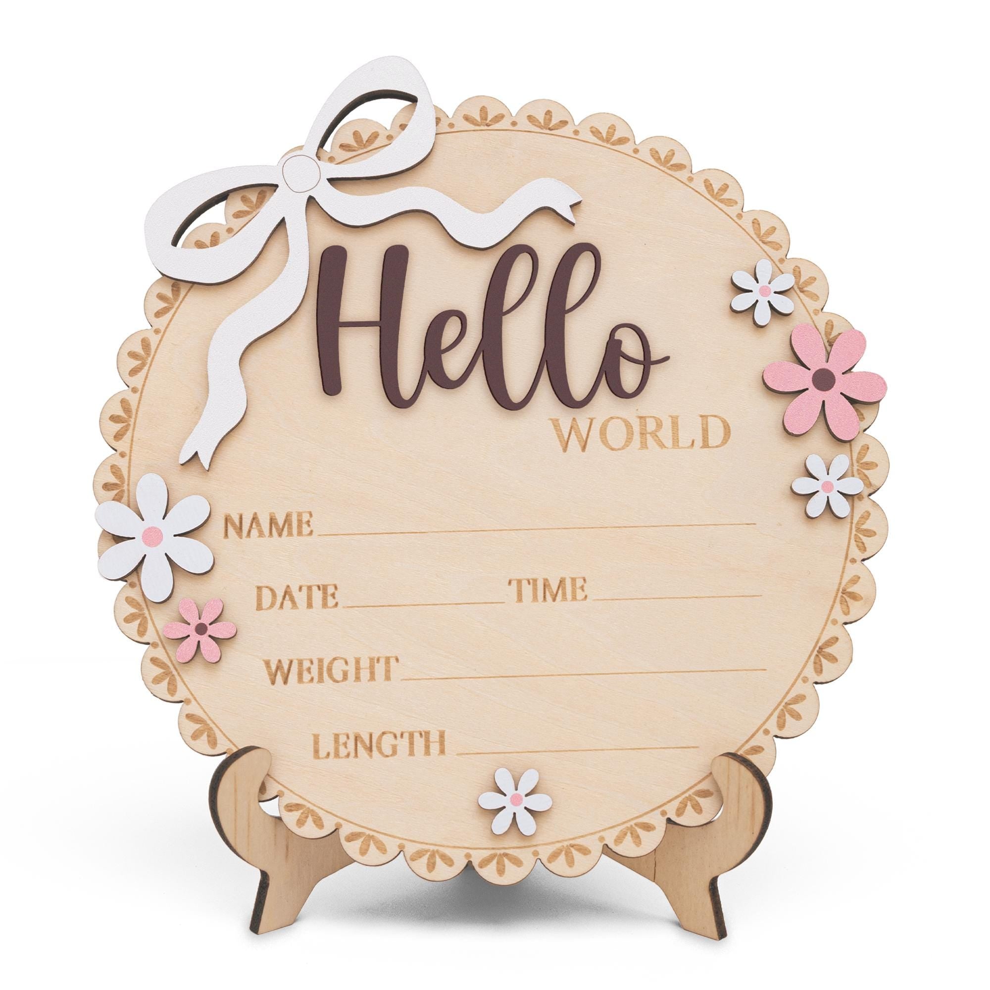 Newborn Hello World Sign Wooden Baby Birth Details Photo Prop
