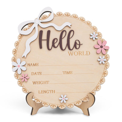 Newborn Hello World Sign Wooden Baby Birth Details Photo Prop