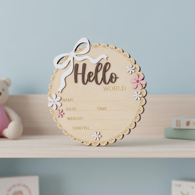 Newborn Hello World Sign Wooden Baby Birth Details Photo Prop