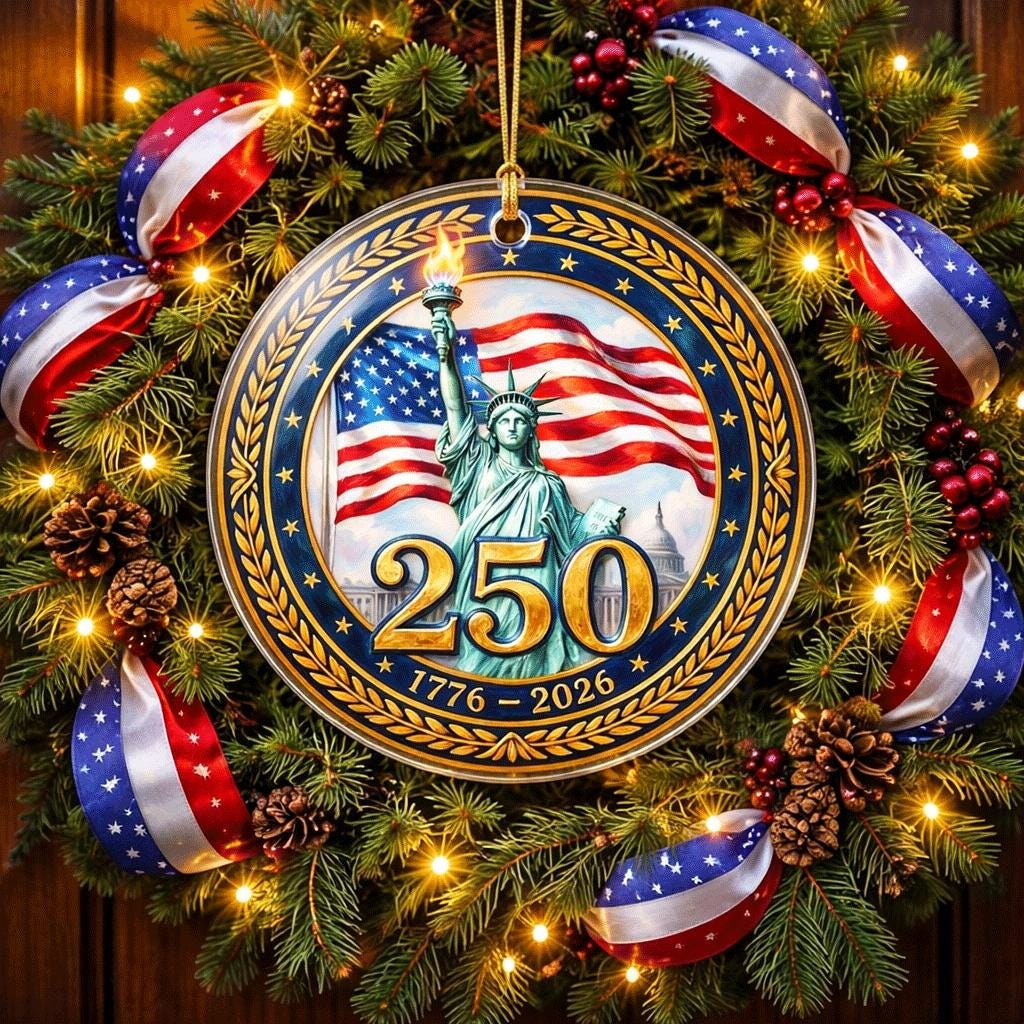 Lady Liberty 250th Ornament, Semiquincentennial Gold Laurel Gift, 1776-2026 USA Milestone Decor, America 250th Anniversary
