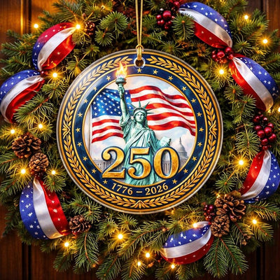 Lady Liberty 250th Ornament, Semiquincentennial Gold Laurel Gift, 1776-2026 USA Milestone Decor, America 250th Anniversary