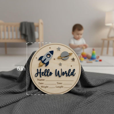 Blue Rocket Birth Stats Sign for Hospital | Round Wooden Newborn Name Plaque | Custom Baby Boy Announcement | Space Nursery Decor