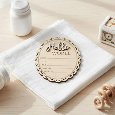 Scalloped Edge Birth Stats Sign | Oval Wooden Baby Plaque | 3D Acrylic Hello World Announcement | Vintage Girl Nursery Prop