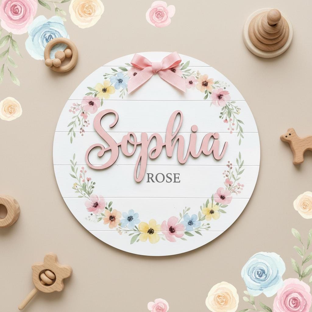 Personalized Baby Name Wood Sign, Floral Nursery Wall Decor