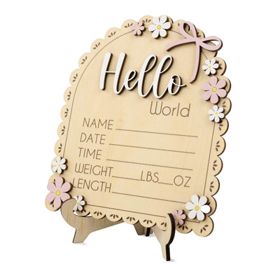 Hello World Birth Announcement Sign, Daisy Baby Sign, Floral Baby Name Sign, Wooden Newborn Photo Prop, Baby Shower Gift, Nursery Decor