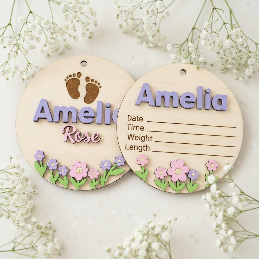 Baby Birth Stats Sign Set, Personalized Baby Name Announcement Sign, Wooden Newborn Photo Prop Nursery Decor