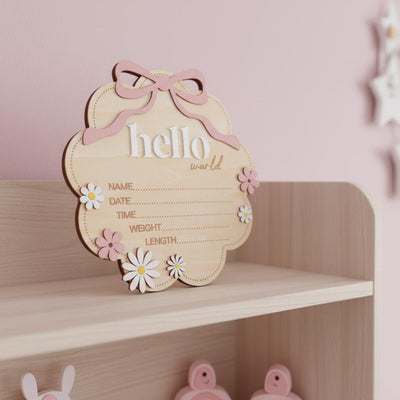 Floral Hello World Baby Birth Sign Wooden Newborn Photo Keepsake