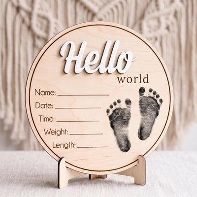 Printed Baby Footprint Sign | 3D Acrylic Hello World Wooden Plaque | Custom Newborn Birth Stats Announcement | Nursery Decor