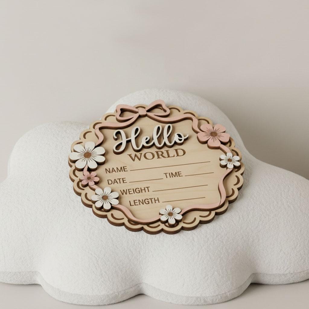 3D Bow Birth Stats Sign for Girl | Daisy Flower Scalloped Wooden Plaque | Custom Ribbon Baby Announcement | Coquette Nursery Prop