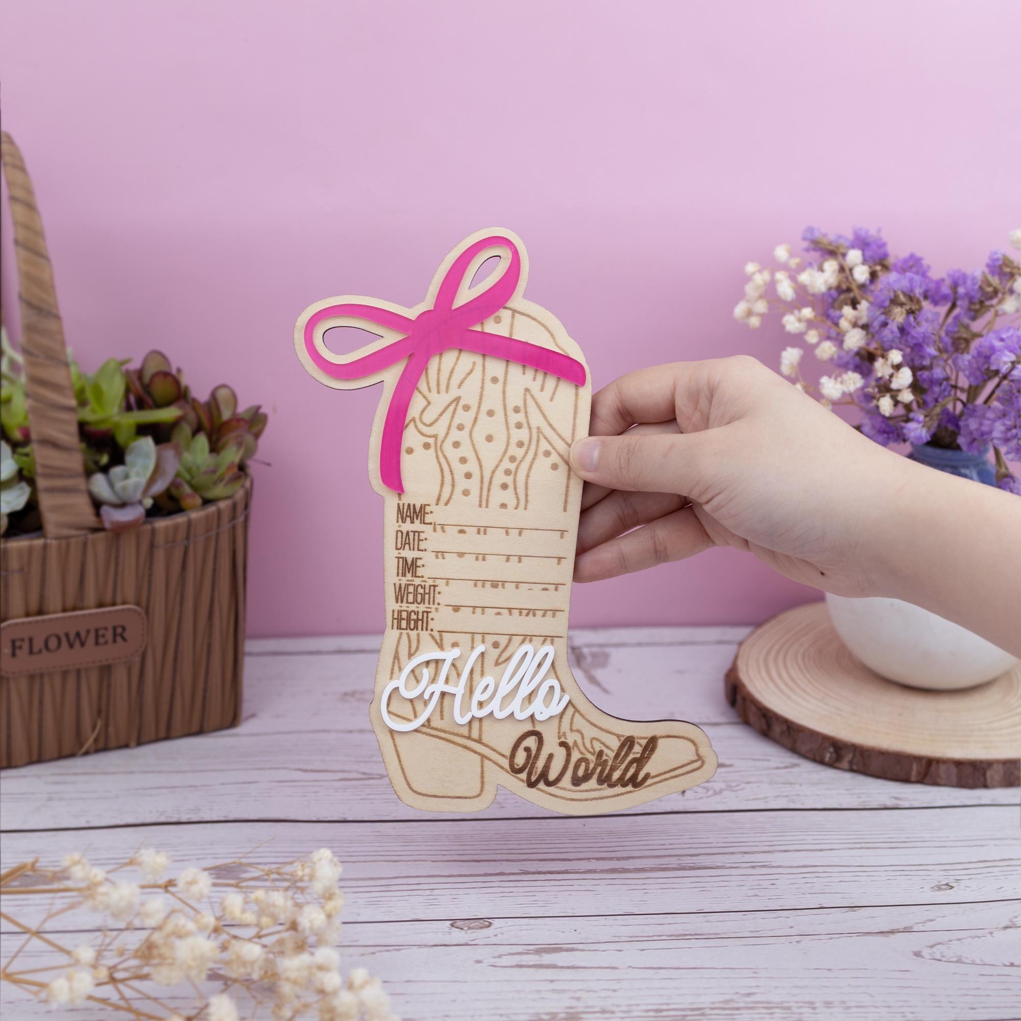 Cowgirl Baby Born Announcement Photo, Western Baby Girl Name Sign, Wooden Hello World Sign, Birth Stat Sign, Wooden Birth Announcement Sign
