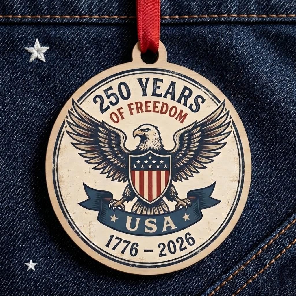 USA 250th Wood Ornament, Freedom For 250 Years, Rustic Eagle Emblem 1776-2026, Semiquincentennial Keepsake, Patriotic Gift