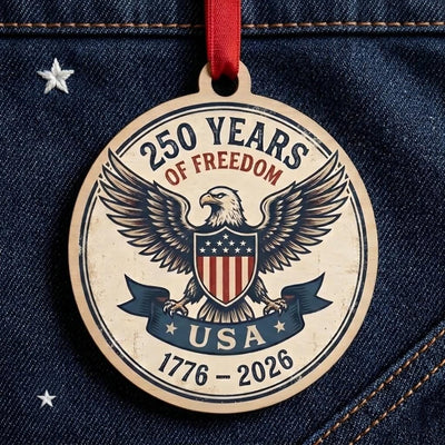 USA 250th Wood Ornament, Freedom For 250 Years, Rustic Eagle Emblem 1776-2026, Semiquincentennial Keepsake, Patriotic Gift