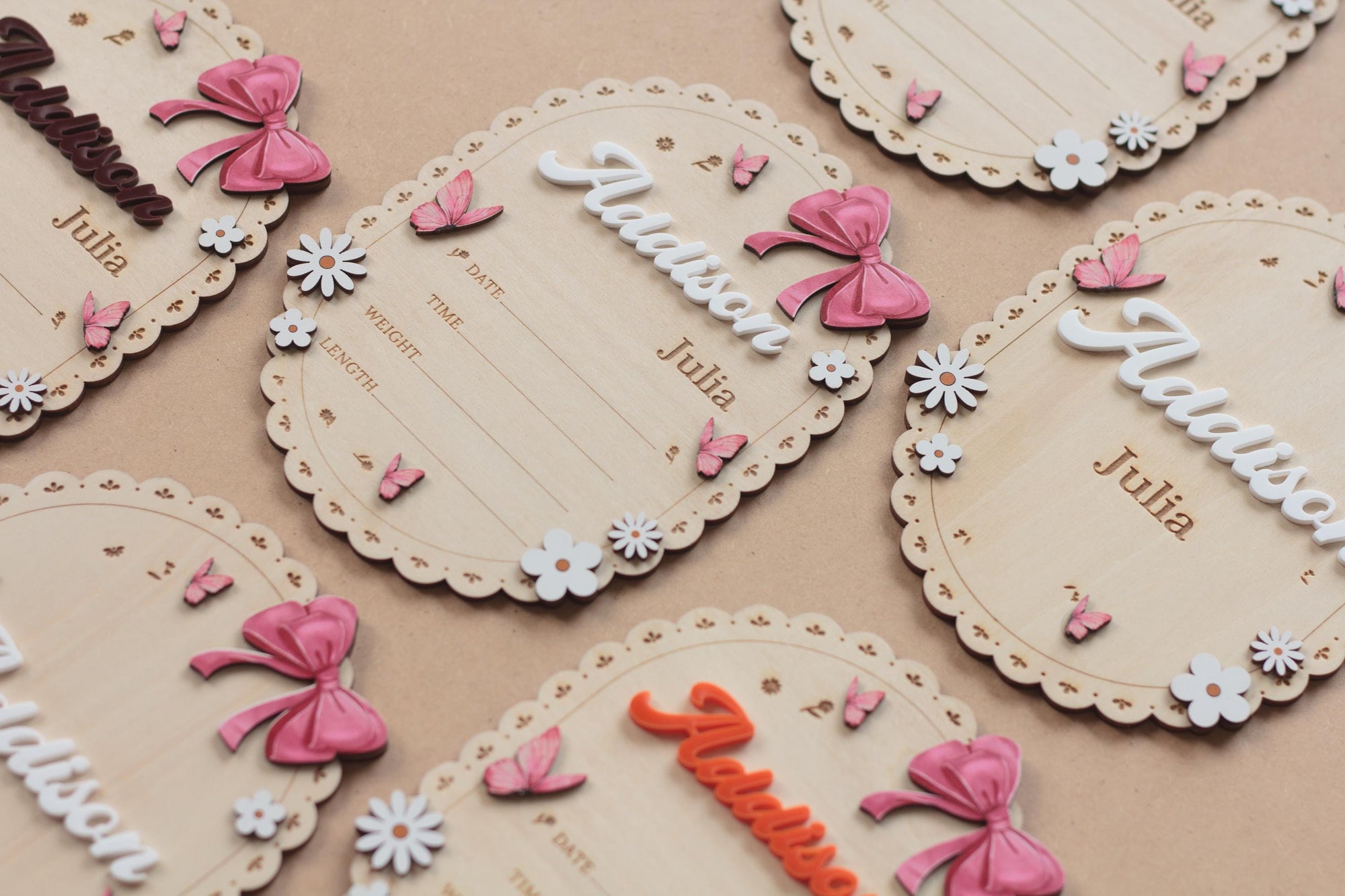 Oval Baby Name Sign for Nursery Scalloped Wood Birth Announcement Sign Custom Wood Plaque for Hospital Girl Bow Personalized Baby Gift