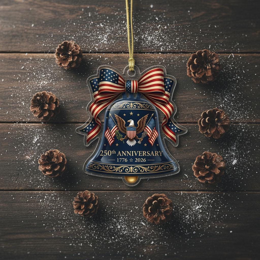 Semiquincentennial Gift 2026 USA 250th Anniversary Ornament Navy Blue Liberty Bell Patriotic Eagle Decor American Flag Bow