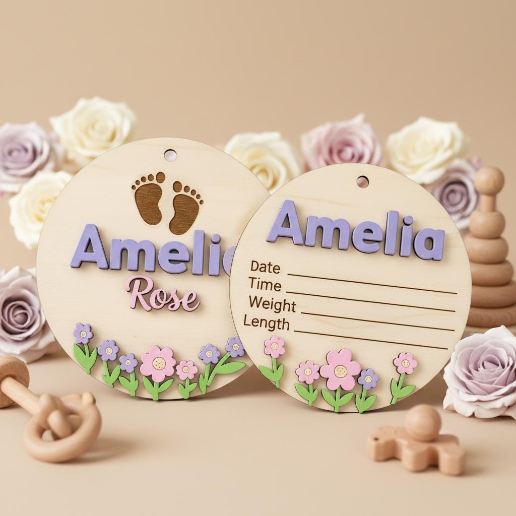 Baby Birth Stats Sign Set, Personalized Baby Name Announcement Sign, Wooden Newborn Photo Prop Nursery Decor