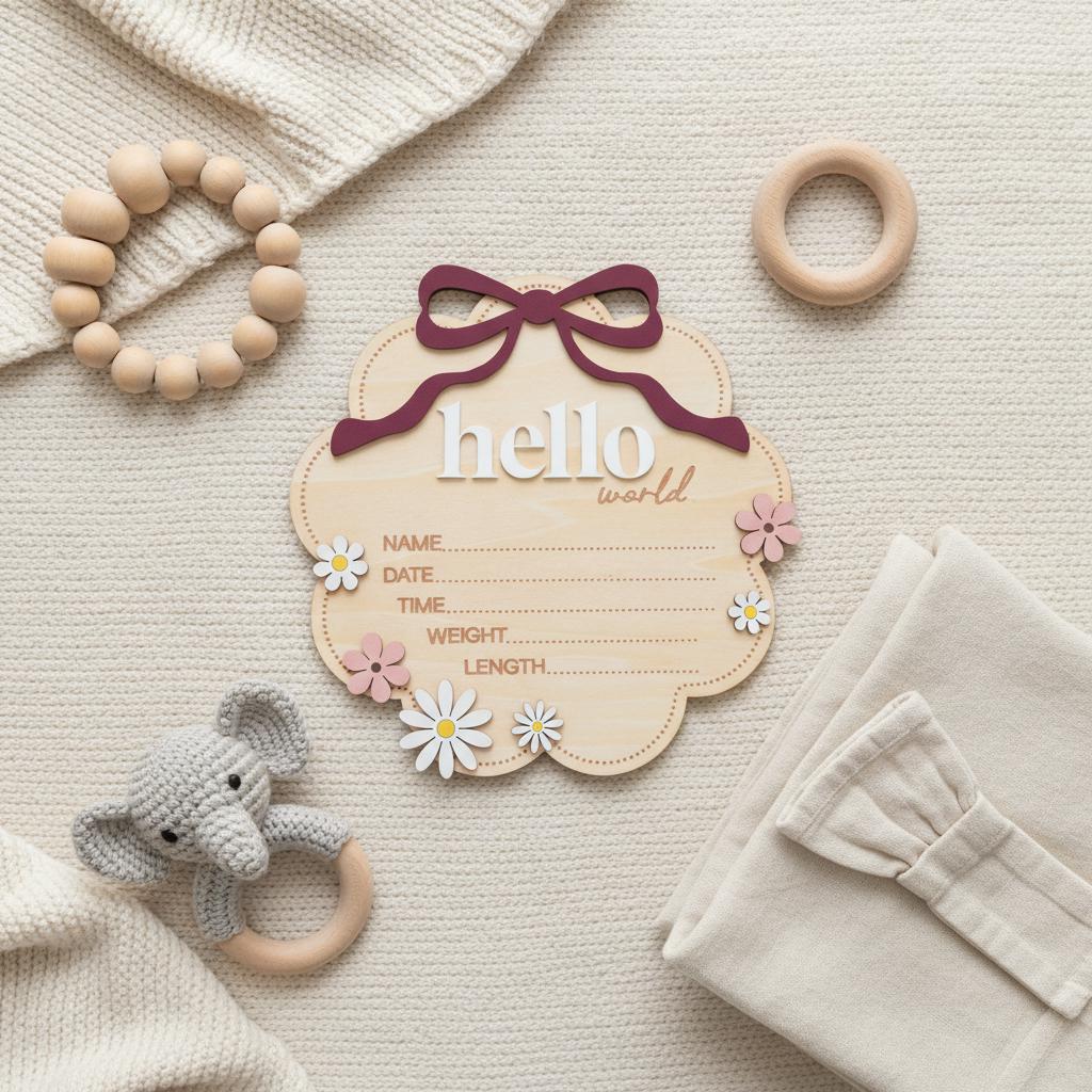 Berry Hello World Wooden Baby Birth Stats Sign Newborn Keepsake